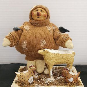 Handmade Folk Art Snowman Farm Scene with Sheep Chickens Blackbirds On A Wood Ba